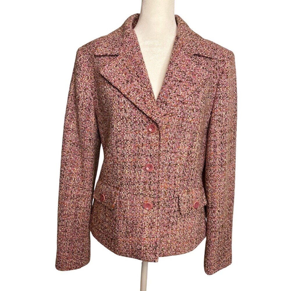 Vintage Talbots Wool Blend Blazer Tweed Womens Size 10 Italian Fabric Pink Brown